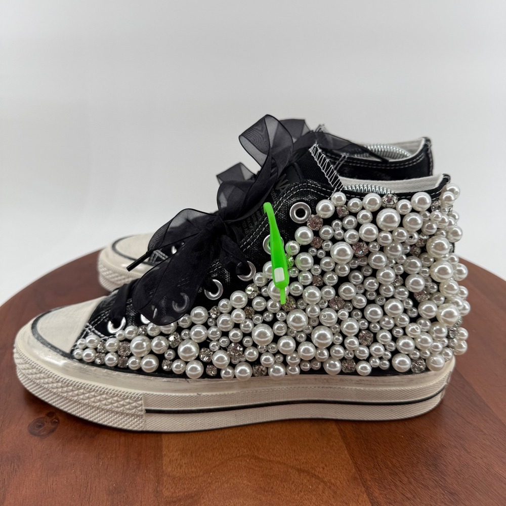 Nan-Ku Couture Pearl Rhinestone Embellished High Top Sneakers Black Womens 39 - Picture 2 of 12